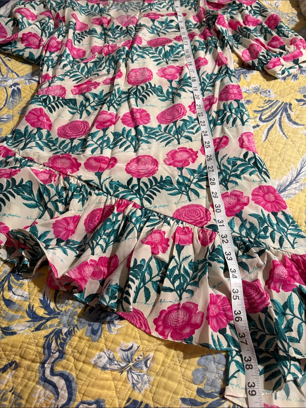 Andriana Degreas Pink Floral Wrap Dress with Teal Foliage, sz Med - Picture 5 of 11